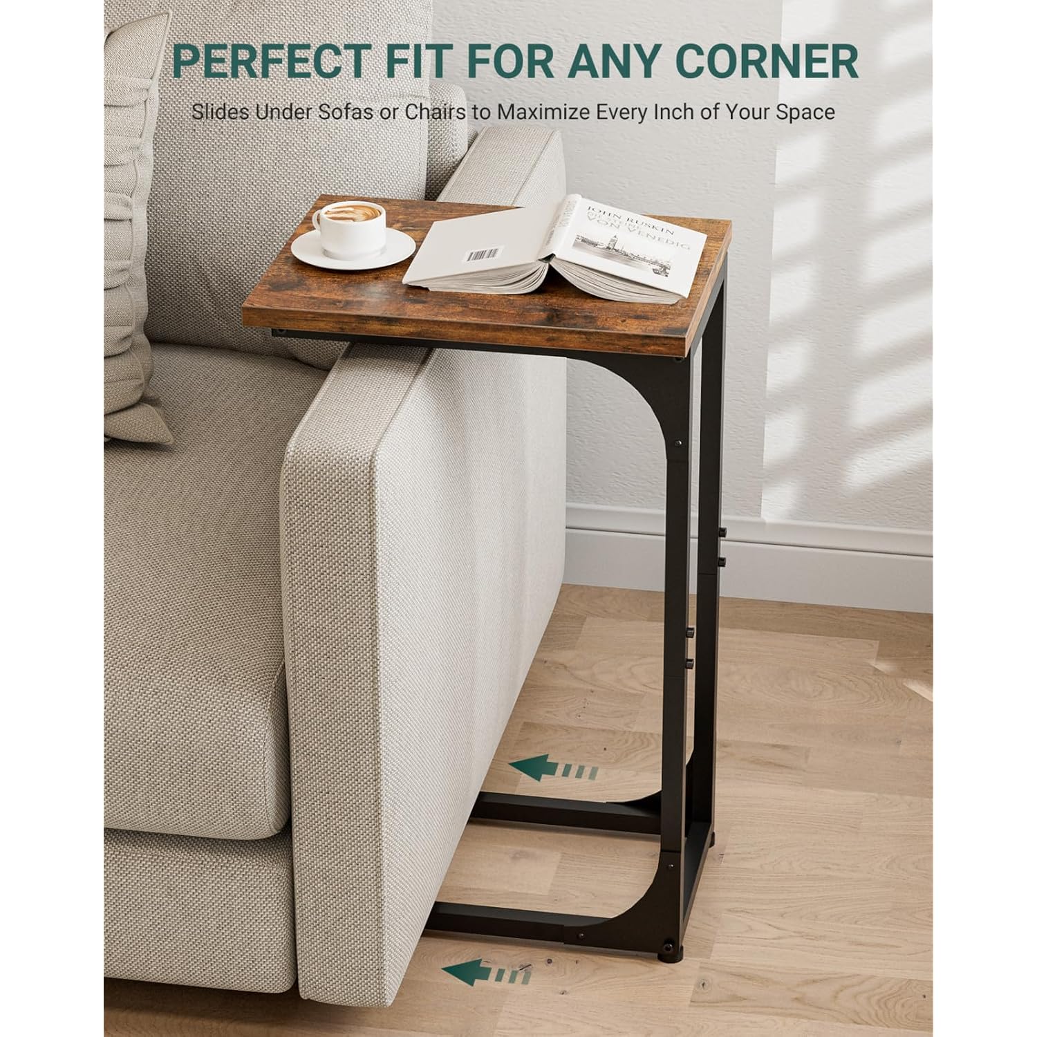 C-Shaped Side Table For Couch - Small Coffee Stand Sofa Tray Desk With Metal Frame And Waterproof Scratch Resistant, Modern End Accent For Living Room, Bedroom, Small Spaces, Rustic Brown
