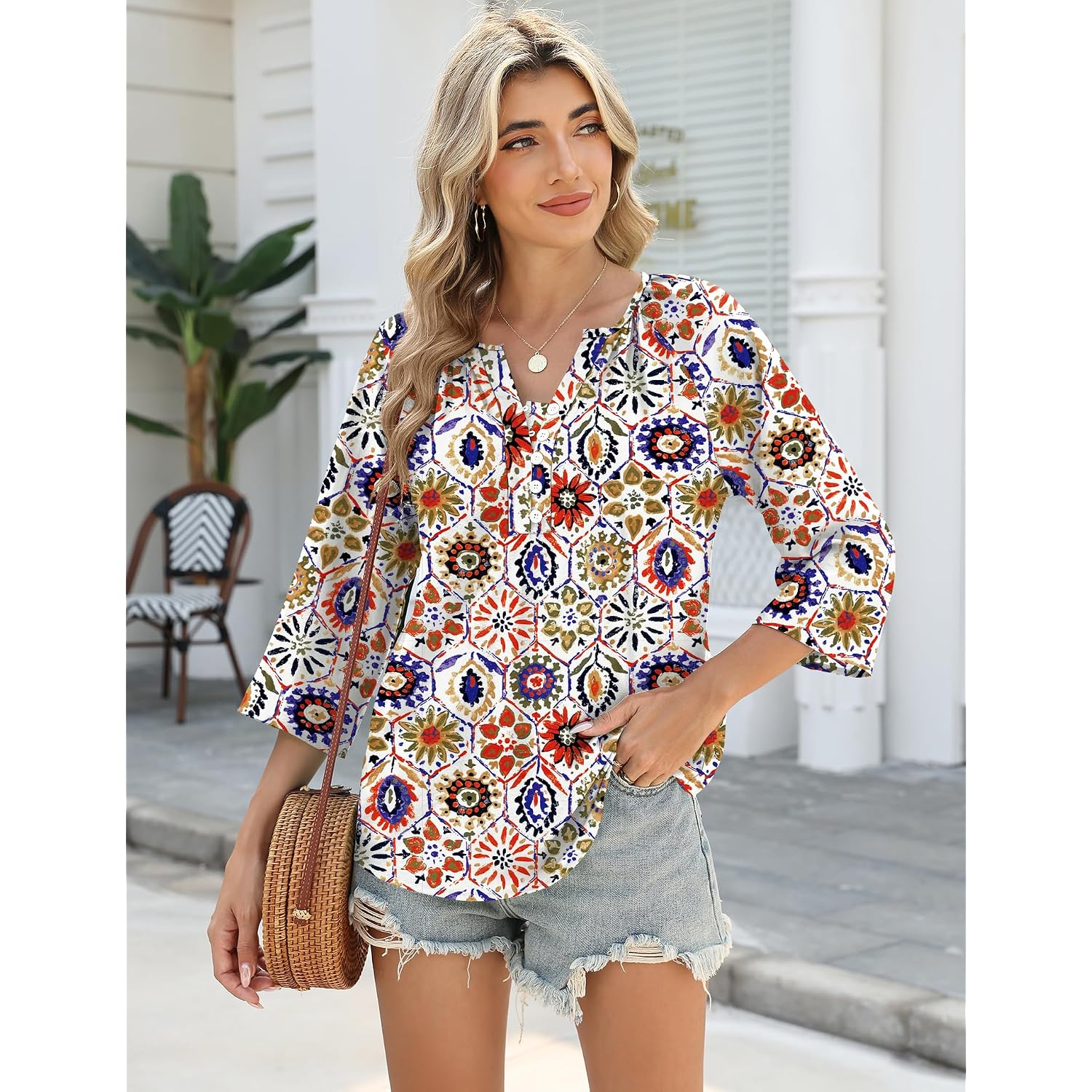 Akewei Womens 3/4 Sleeve Tops V Neck Linen Blouse Button Down Shirts For Women Dressy Casual 2026