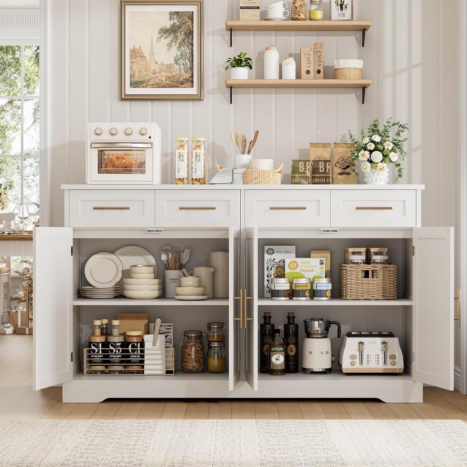 Hostack 60" W Sideboard Buffet Cabinet With Storage, Kitchen Cabinet, White | 36" Tall Kitchen Buffet Storage Cabinet With 4 Drawers, Large Coffee Bar Cabinet, Modern Buffet Table For Dining Living Room