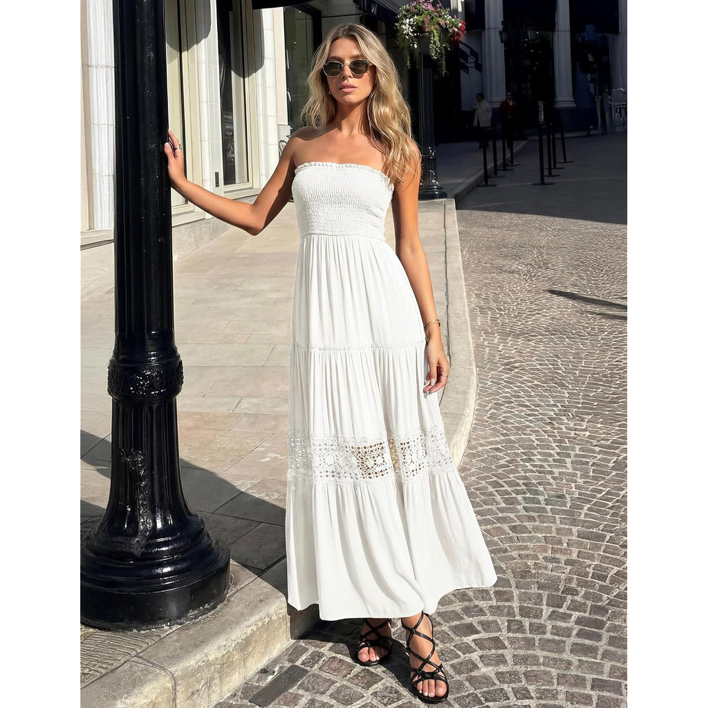 Zesica Women'S 2026 Summer Boho Maxi Dresses Strapless Off Shoulder Lace Flowy A Line Beach Vacation Long Sundress