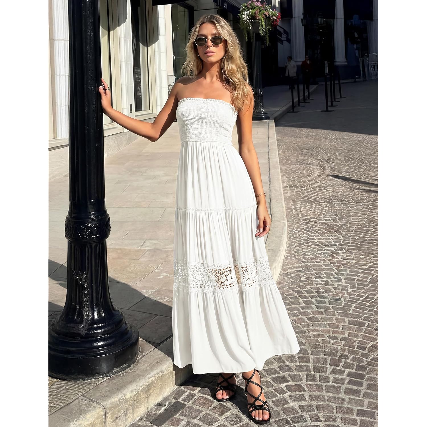 Zesica Women'S 2026 Summer Boho Maxi Dresses Strapless Off Shoulder Lace Flowy A Line Beach Vacation Long Sundress