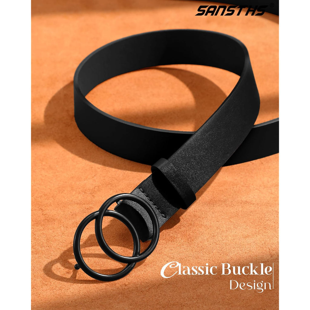 SANSTHS Womens Leather Belt for Jeans Pants Fashion Waist Belts Gold Silver Double Ring Buckle