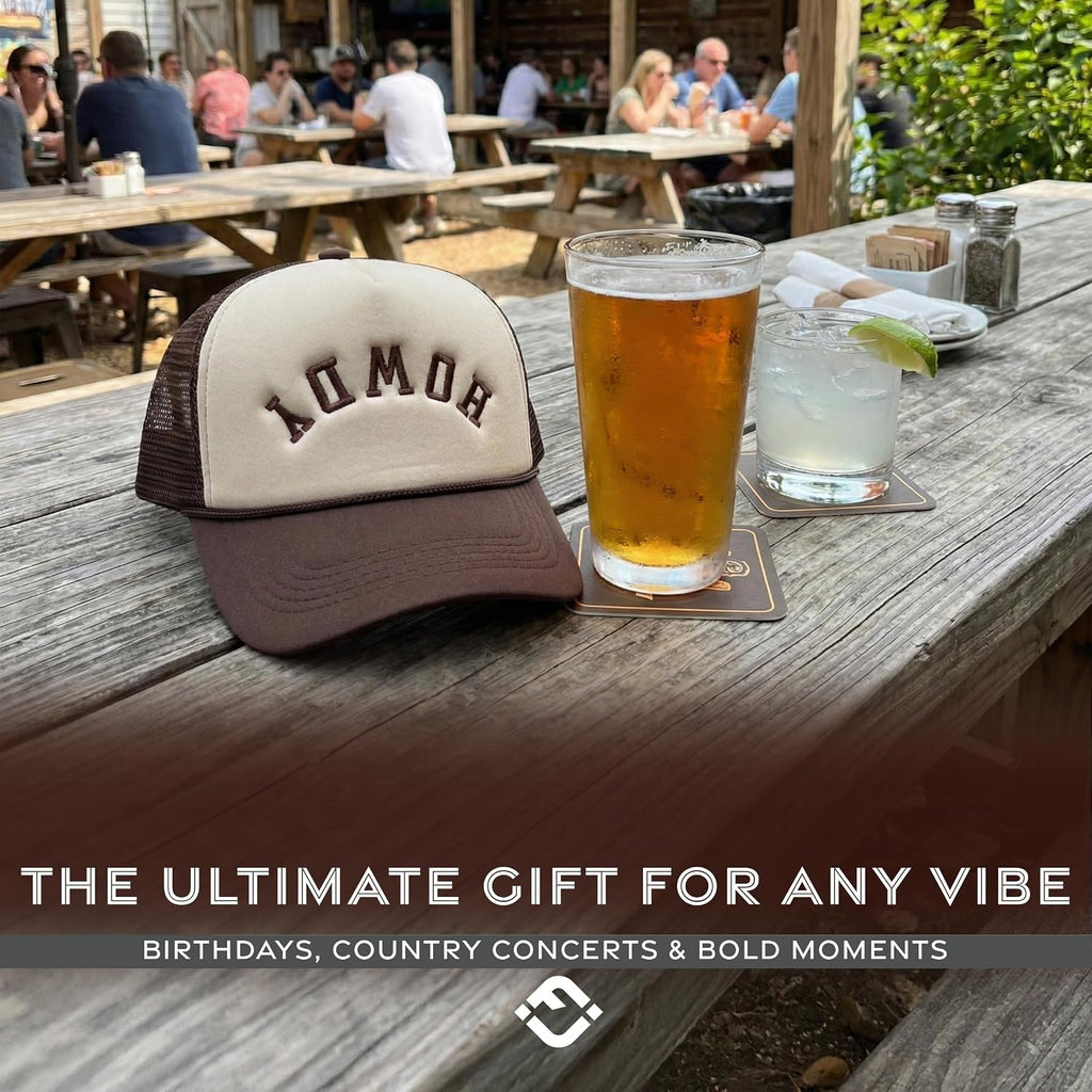 Funky Junque Premium Mesh Snapback Trucker Hat - Stylish Comfort for All - Patriotic, Humor & More Howdy (Upside Down) - Brown/Beige