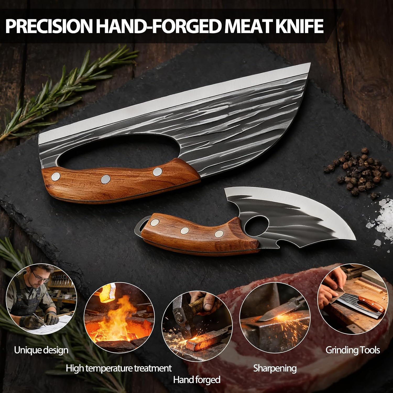 2 Pcs Meat Cleaver Knife Set, Effort Saving Meat Cleaver For Cutting Meat Vegetable, Sharp Carbon Steel Cooking Viking Knife With Leather Sheath For Kitchen, Camping, Outdoor Cooking, Bbq Gift