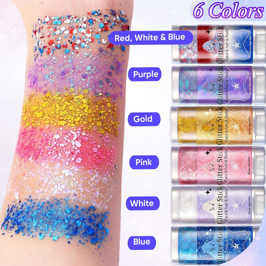 Aroic Body Glitter Stick- 6 Pack Patriotic Red White And Blue Face& Hair Glitter, 4Th Of July Outfits Rave Accessories, Usa Flag Sparkling Face Makeup For Women Independence Day Festival Concert Party