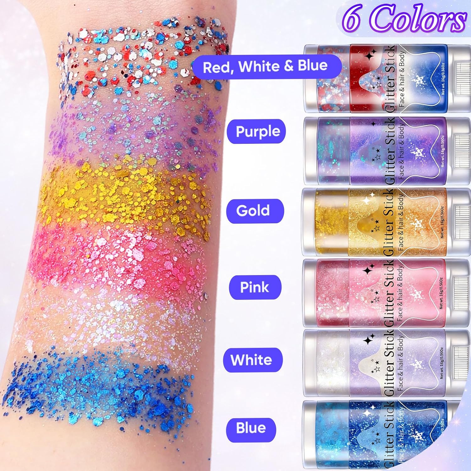 AROIC Body Glitter Stick - 6 Pack Red White and Blue Face & Hair Glitter with Chunky Sequins, 4th of July USA Rave Accessories Sparkling Face Paint with Fruit Scent for Festival Makeup Concert Party