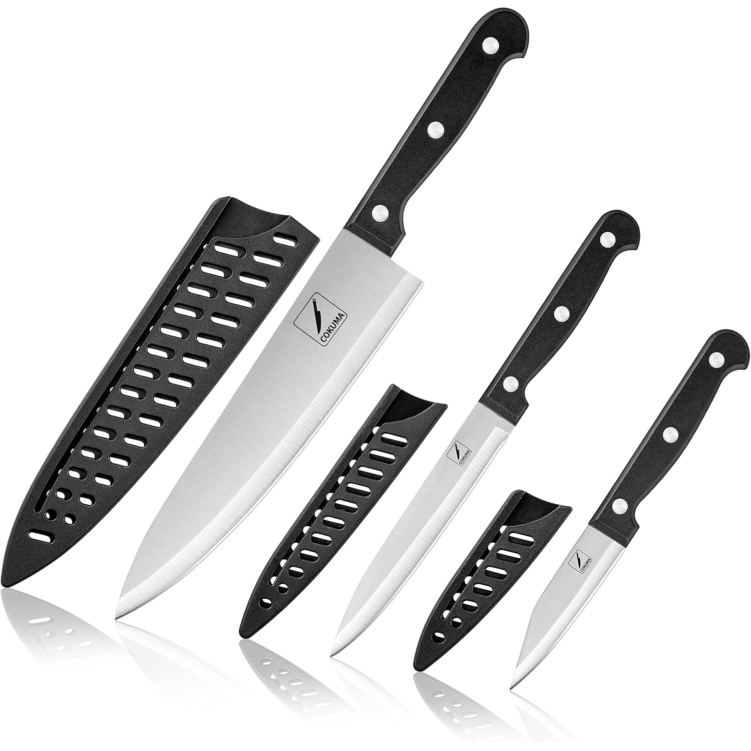 Cokuma Kitchen Knife, 3-Pcs Knife Set With Sheath, 8 Inch Chef Knife, 4.5 Inch Utility Knife, 4 Inch Paring Chef Knife, Stainless Steel, Black