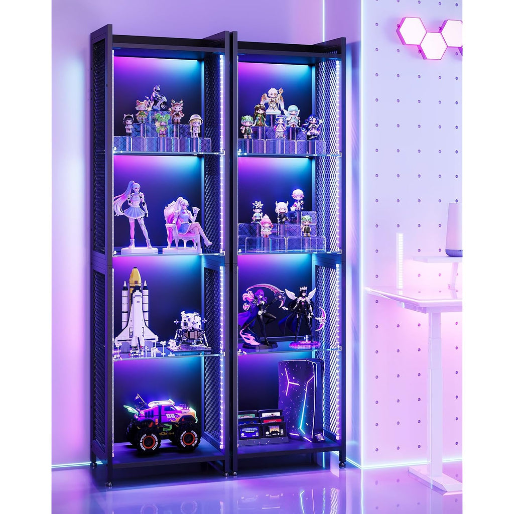 Aodk Display Case With Led Lights, Display Cabinet With Open Glass Shelves For Small Space, 4-Tier Corner Display Shelf With Industrial Mesh, Curio Cabinet For Collectibles, Bookcase