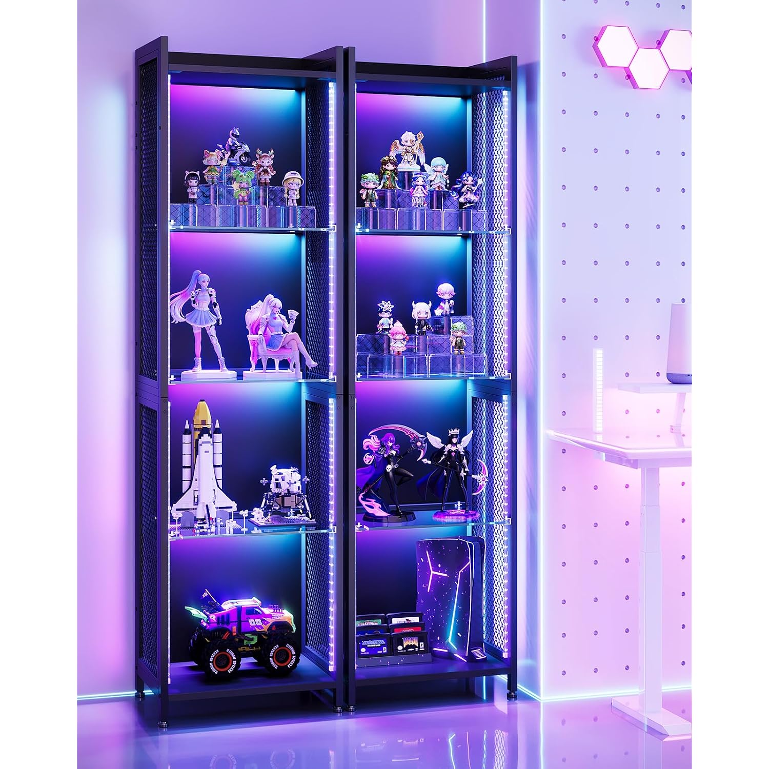 Aodk Display Case With Led Lights, Display Cabinet With Open Glass Shelves For Small Space, 4-Tier Corner Display Shelf With Industrial Mesh, Curio Cabinet For Collectibles, Bookcase
