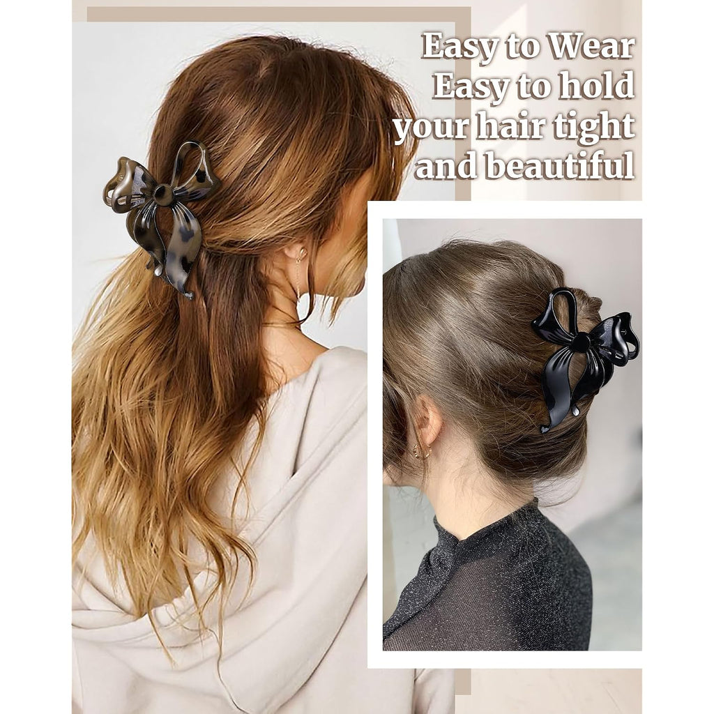 Mesovor 4 Pack Cute Bow Claw Clip For Women, Nonslip Large Matte Strong Hold Bows Hair Clips For Thin And Thick Hair | Chic Hair Styling Accessories (4.1" Black, Leopard)