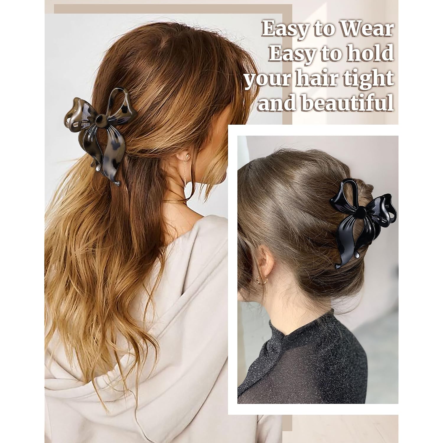 Mesovor 4 Pack Cute Bow Claw Clip For Women, Nonslip Large Matte Strong Hold Bows Hair Clips For Thin And Thick Hair | Chic Hair Styling Accessories (4.1" Black, Leopard)
