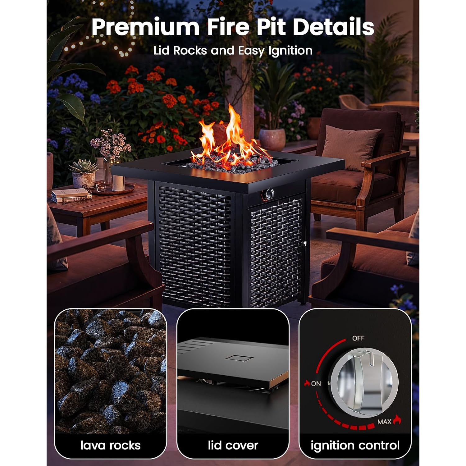 28 Inch Propane Fire Pit Csa-Listed Outdoor Fire Pit Table, 50,000 Btu Steel Gas Fire Pits With Lid And Lava Rock, Add Warmth And Ambience To Parties On Patio Deck Garden,Black,Cifpt3-N1