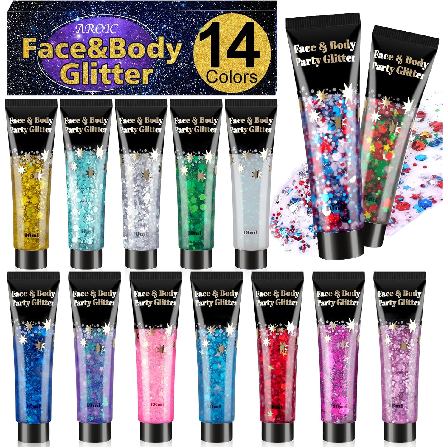 AROIC 14 Colors Body Glitter, 4th of July Face & Hair Glitter Gel Set for Festival, Eye Shimmer for Women Rave Accessories Party Supplies, Face Paint Hair/Cheek/Eyelid Sparkle Makeup-18ml/Tube