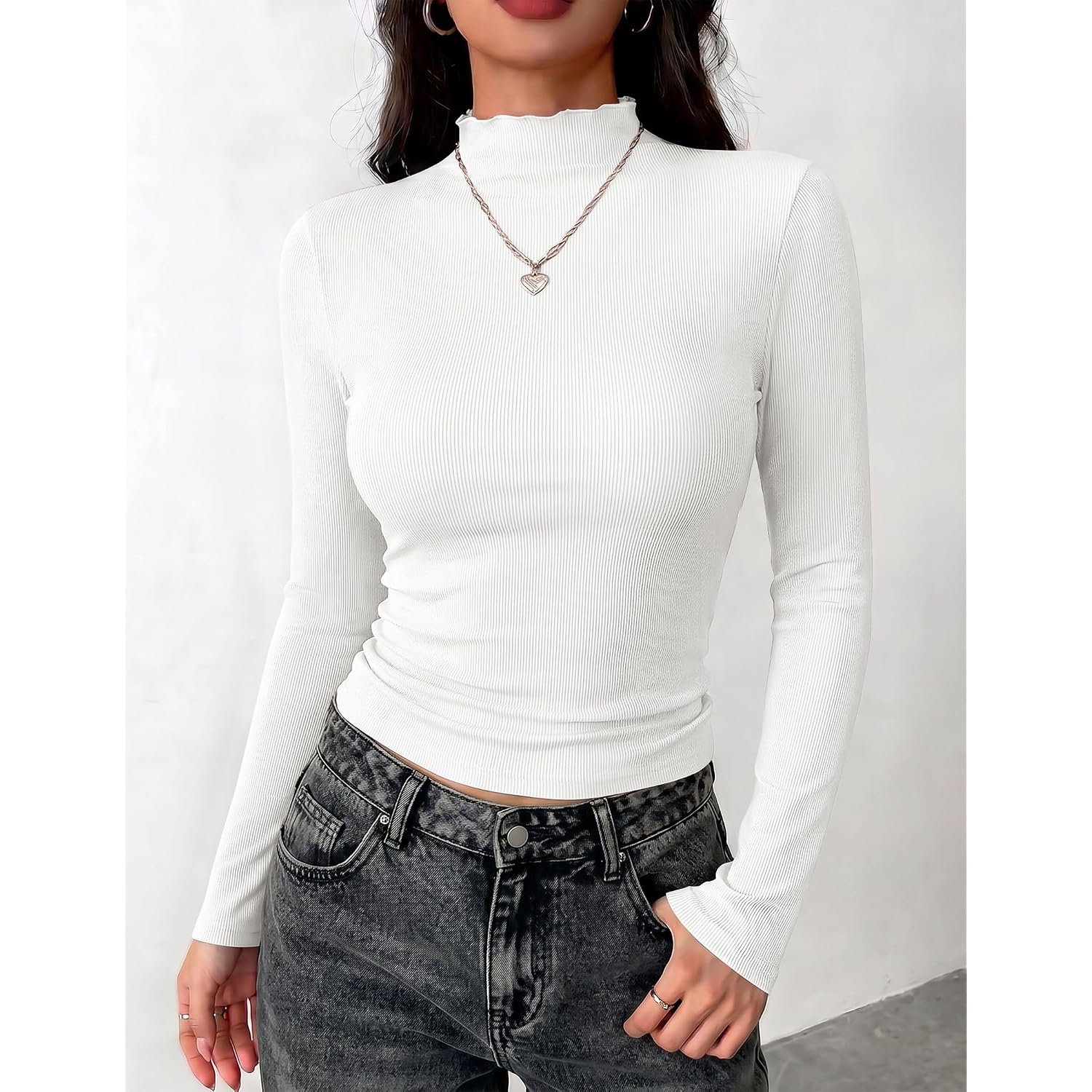 Zeagoo Long Sleeve Shirts for Women Ribbed Slim Fit Tops Lettuce Trim Mock Neck Summer Fall Basic Tee