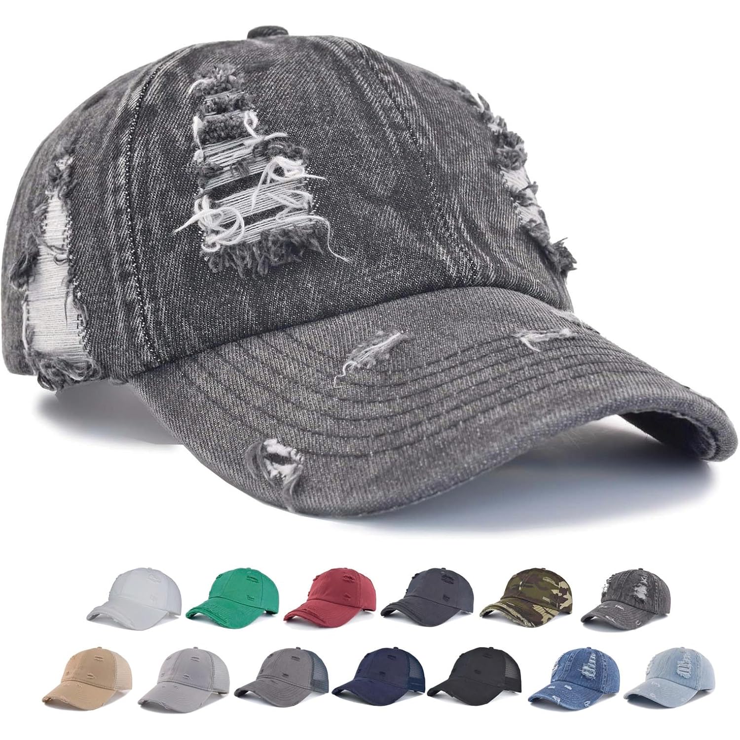 TSSGBL Unstructured Distressed Baseabll Cap Cotton Soft Dad Hat Adjustable Low Profile Headwear Ball Caps for Women Men Distressed-denim-black