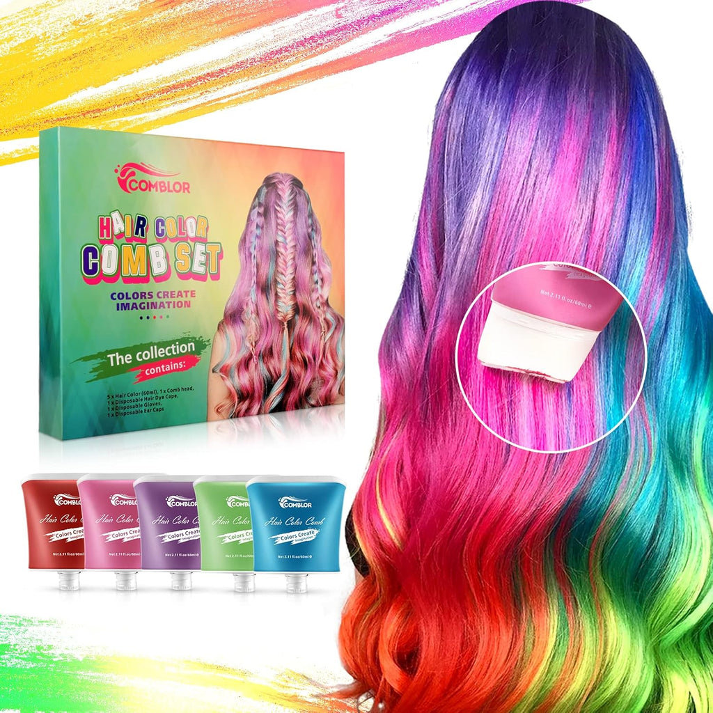 5PCS Washable Hair Chalk for Dark Hair, 11 Fl Oz Natural Hair Dye Comb, Temporary Color for Kids' Birthday Gifts, Party, Cosplay, Christmas & Halloween