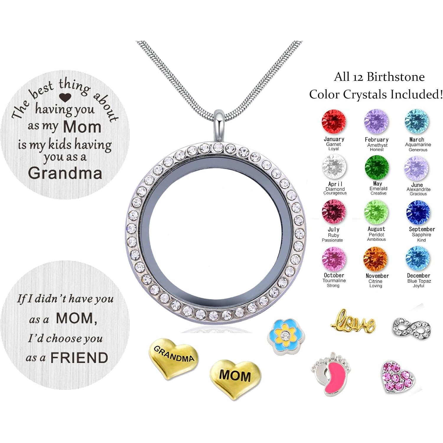Best Gift Floating Charm Living Memory Lockets with Birthstone, 30mm Stainless Steel Necklace