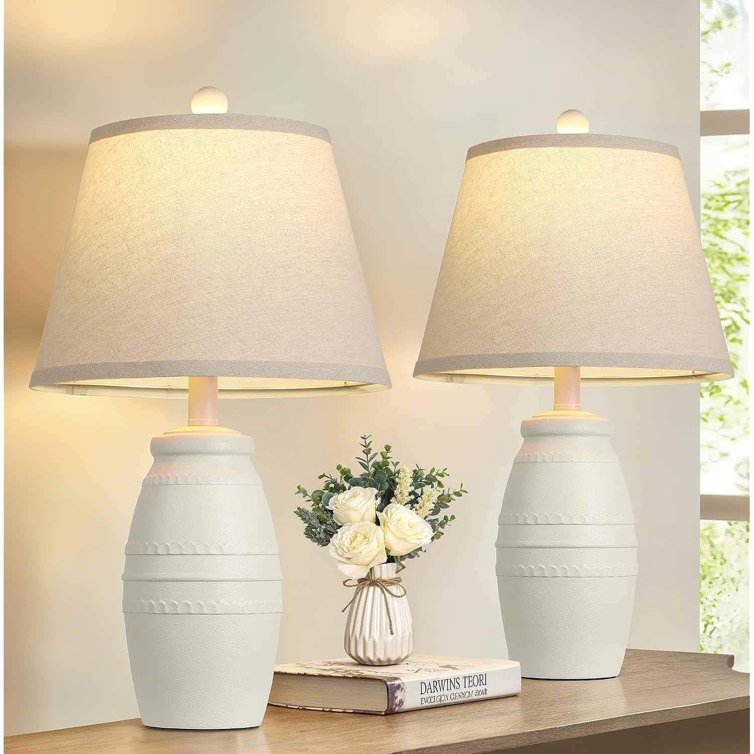 Qimh 21.5" Lamps Set Of 2, Farmhouse Lamp For Living Room, Off-White | Modern Resin Table Lamps For Bedroom, Linen Shade, Vintage Rustic Style, Home Decor