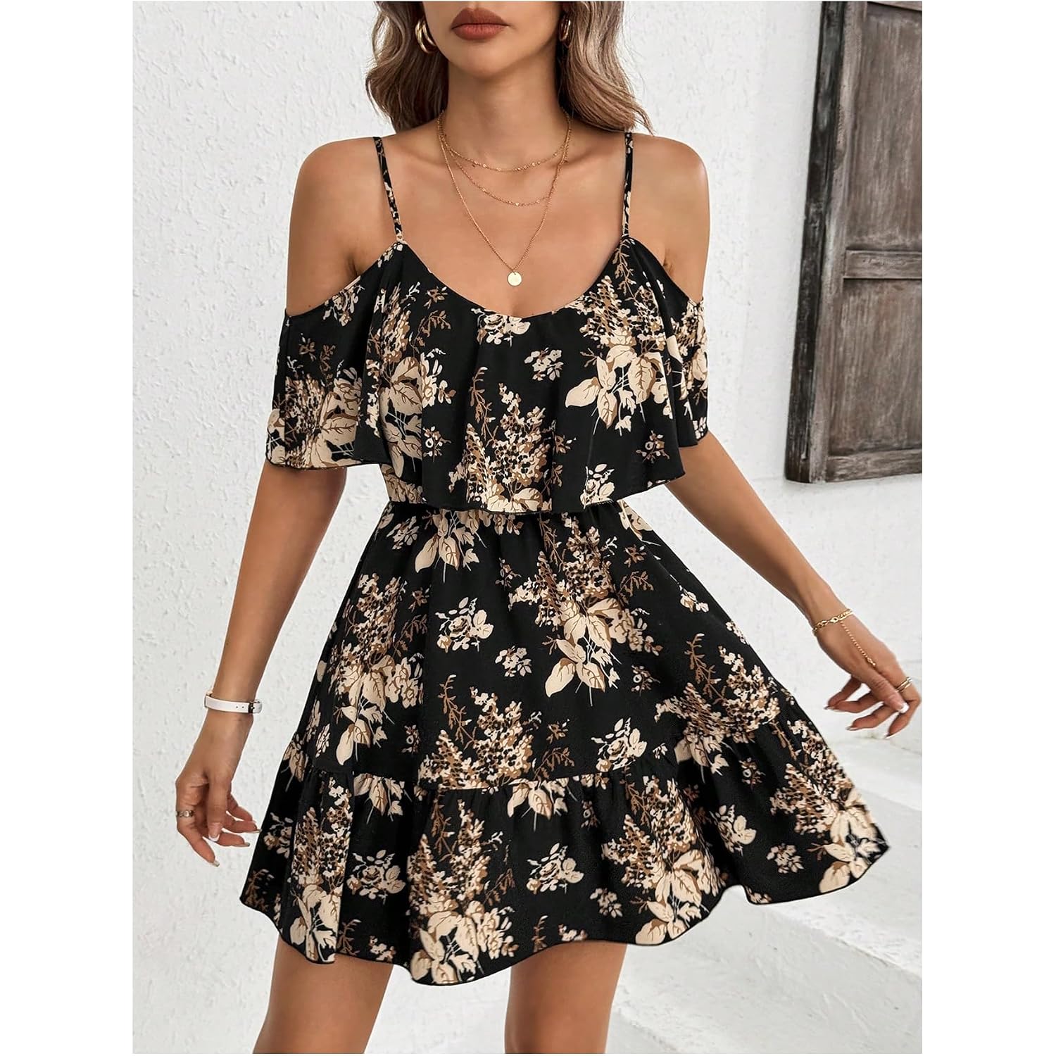 Soly Hux Women'S Boho Floral Print Cold Shoulder Dress Short Sleeve Ruffle A Line Vacation Elegant Mini Dresses