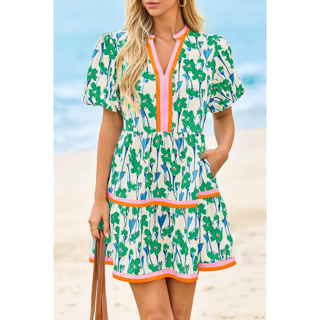 Cicy Bell Womens V Neck Floral Mini Dress Short Puff Sleeve Patchwork Summer Casual Boho Dresses
