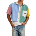 Gorglitter Men'S Striped Cropped Shirt Button Down Cool Short Sleeve Colorblock Collar Casual Streetwear Crop Top Tee
