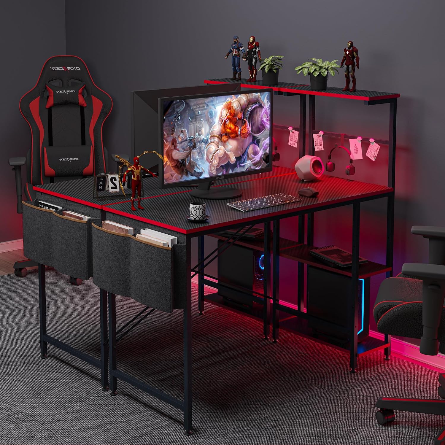Bestier Gaming Desk With Led Lights, 44 Inch Pc Gamer Desk For Small Spaces, Computer Desk With Reversible Storage Shelves & Side Storage Bag (Black 3D Carbon Fiber)