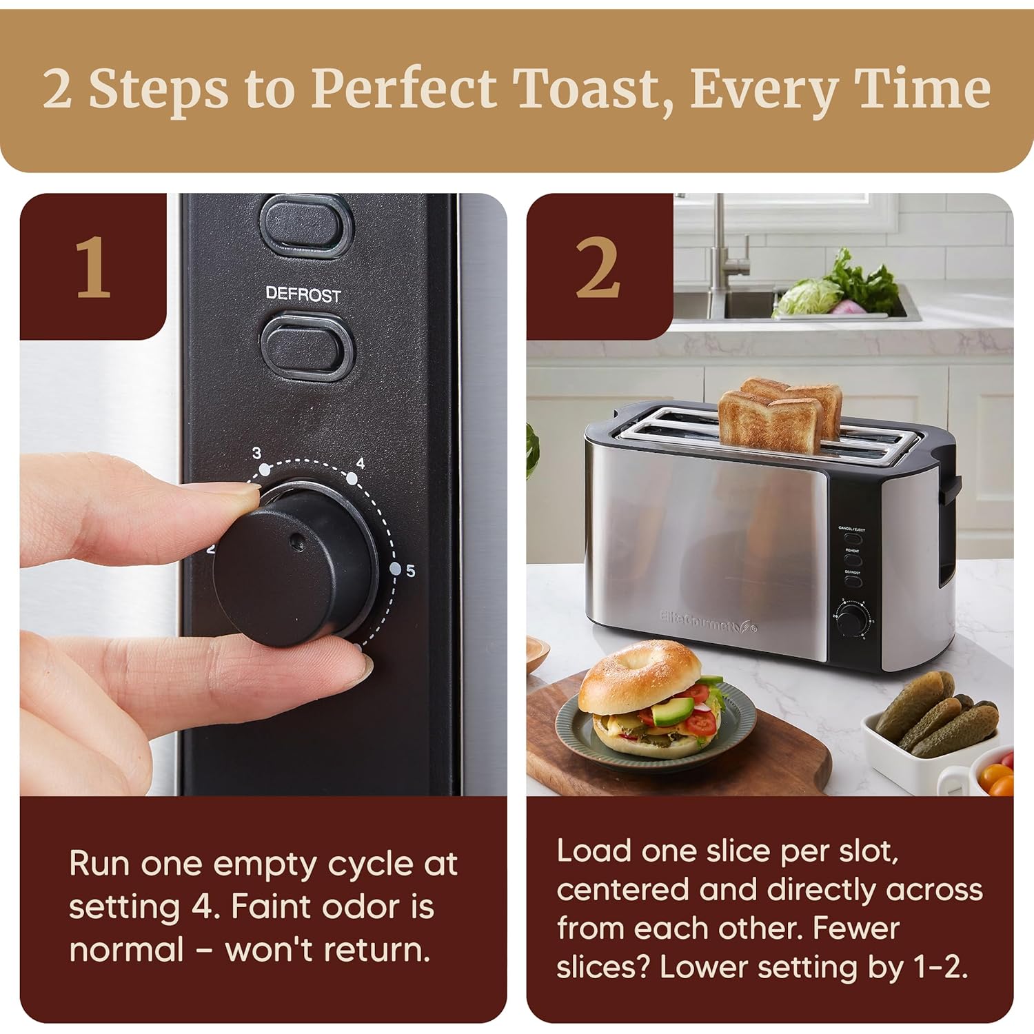 Elite Gourmet ECT-3100 4-Slice Long Slot Toaster | Extra Wide Slots for Bagels, Sourdough & Texas Toast | 6 Browning Settings | Reheat, Defrost & Cancel | Built-In Warming Rack | Stainless Steel