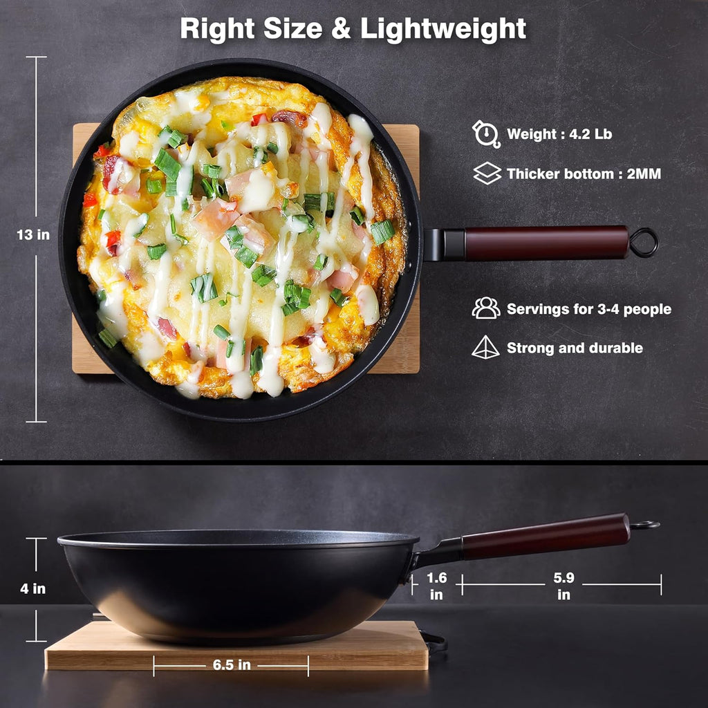 Teewe Carbon Steel Wok -13 Inch Woks & Stir-fry Pans Nonstick, Wok Pan with Lid Spatula and Dish Brush: Pre-Seasoned Flat Bottom Chinese Woks for Induction, Electric, Gas, All Stoves