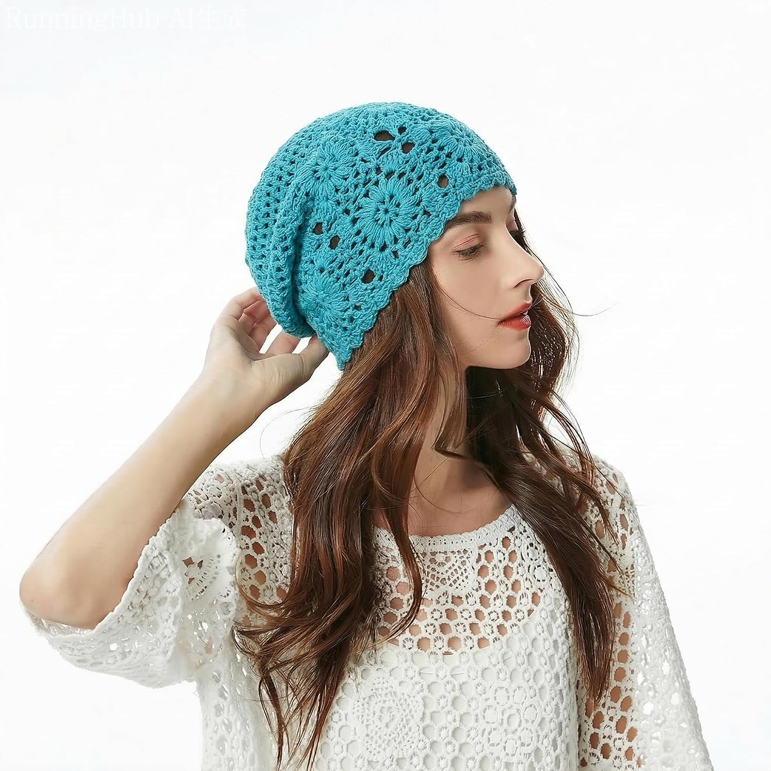ZLYC Women Cotton Crochet Slouchy Beanie Hat Handmade Knit Summer Skull Cap Solid Peacock Blue