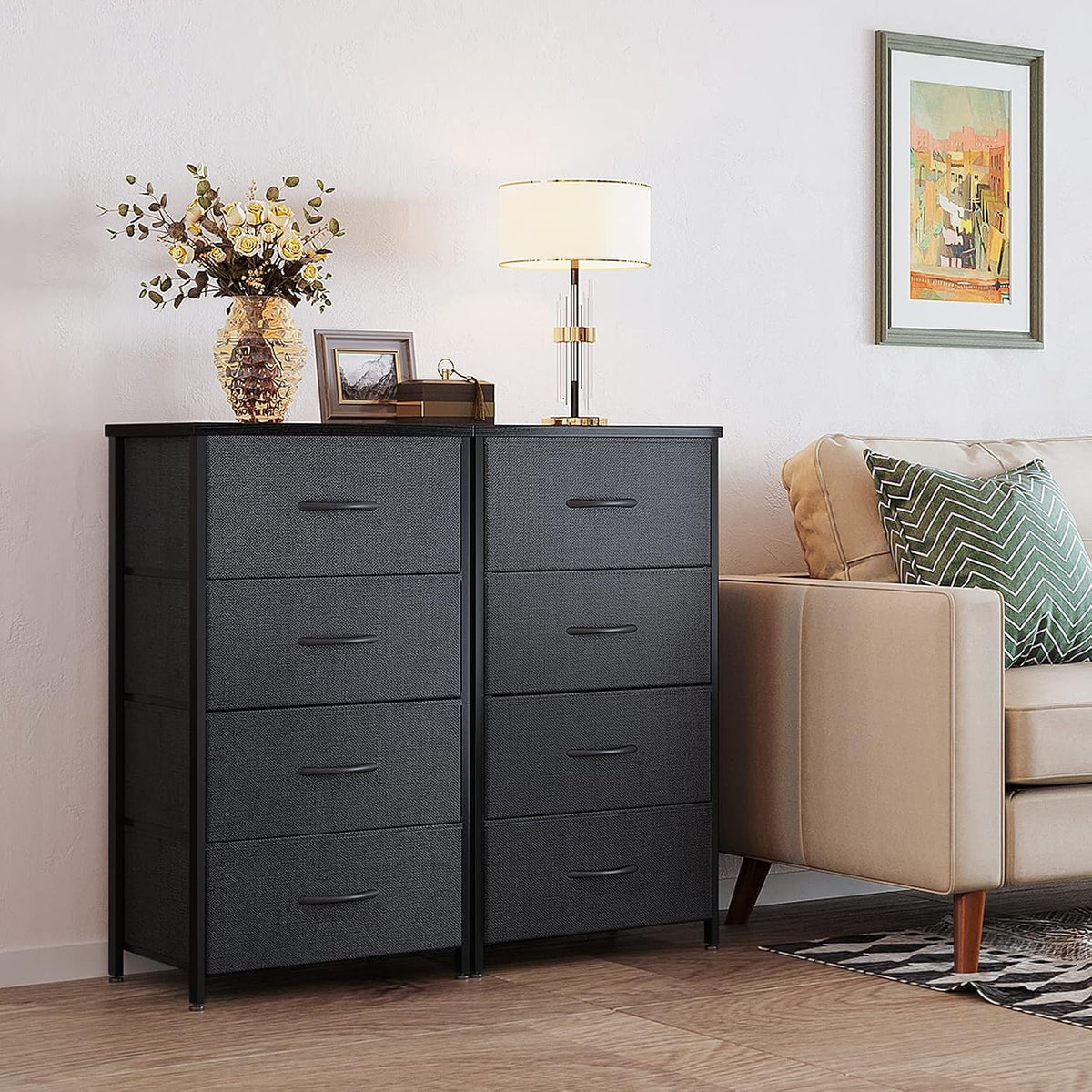 Odk Dresser For Bedroom With 4 Storage Drawers, Small Dresser Chest Of Fabric Drawers With Sturdy Steel Frame For Small Space, Wood Top, Black