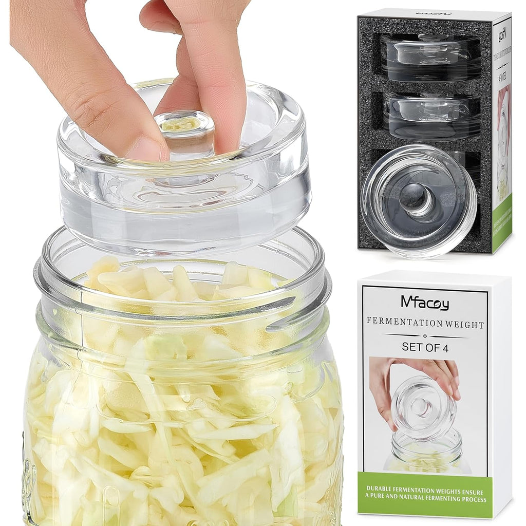 MFacoy 4-Pack of Fermentation Glass Weights with Easy Grip Handle for Great Wide Mouth Canning Mason Jars, Pickling Sourkrout Kraut Glass Weight Fermentation Kit with Easy Grip Handle, Dishwasher Safe