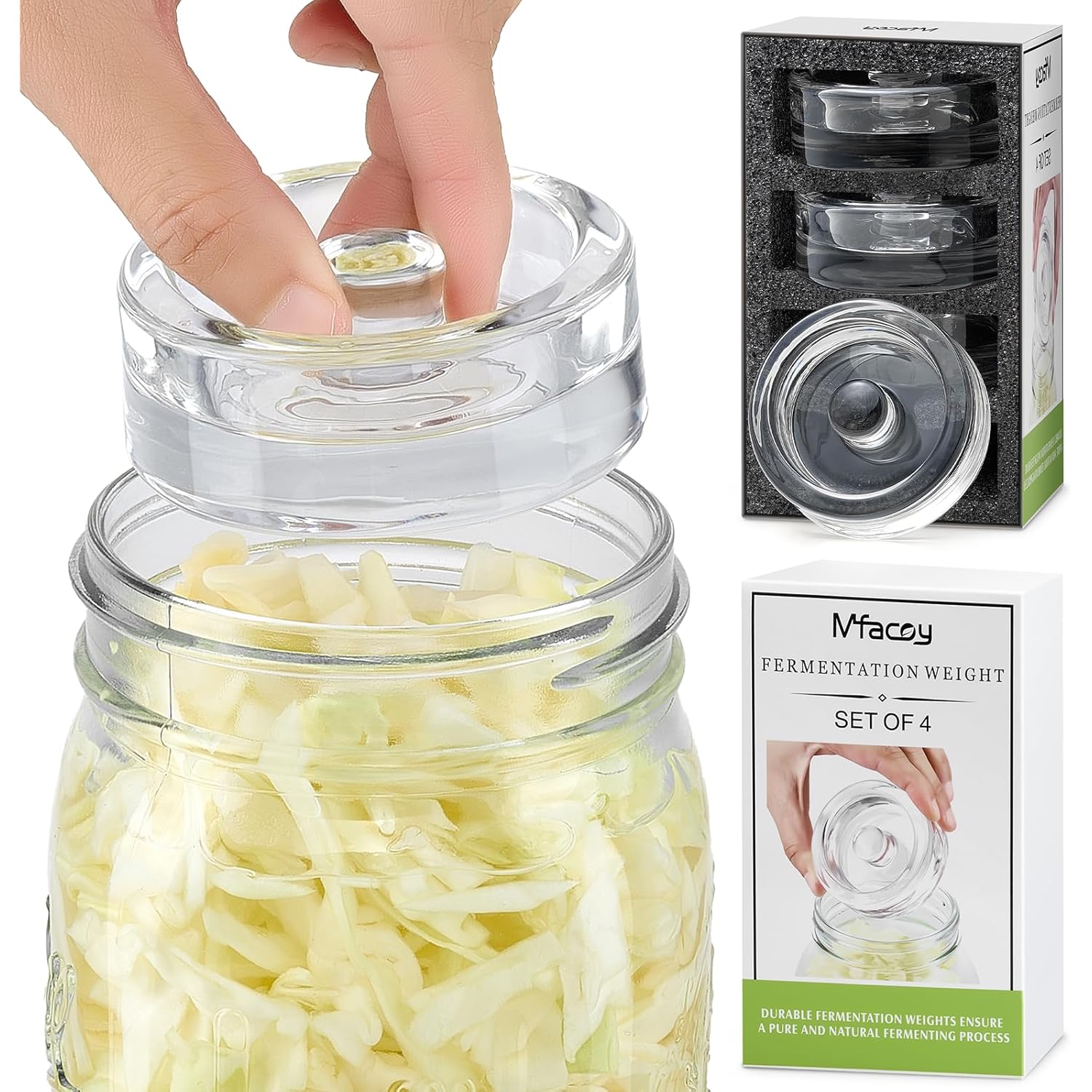 MFacoy 4-Pack of Fermentation Glass Weights with Easy Grip Handle for Great Wide Mouth Canning Mason Jars, Pickling Sourkrout Kraut Glass Weight Fermentation Kit with Easy Grip Handle, Dishwasher Safe