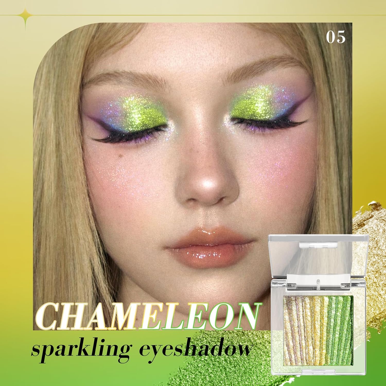Afflano Sparkly Glitter Chrome Eyeshadow Color Shift, Holographic Multichrome Eyeshadow Palette Green-Gold-Purple, Duochrome Shimmery Eye Shadow Half Magic for Women Girls Iridescent Eye Makeup, #05