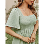 Glamaker Women'S Short Sleeve Smocked Square Neck A Line Summer Flowy Maxi Long Dress