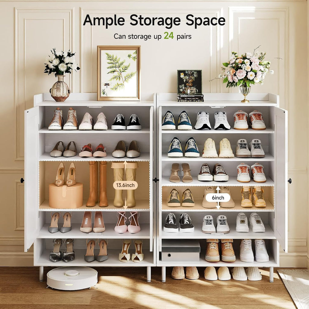 White 7+1 Tier Farmhouse Shoe Storage Cabinet - 45" Tall Entryway Organizer With Cross Molding Doors, 3 Adjustable Shelves & Metal Legs, Shoe Rack For Front Door Entrance