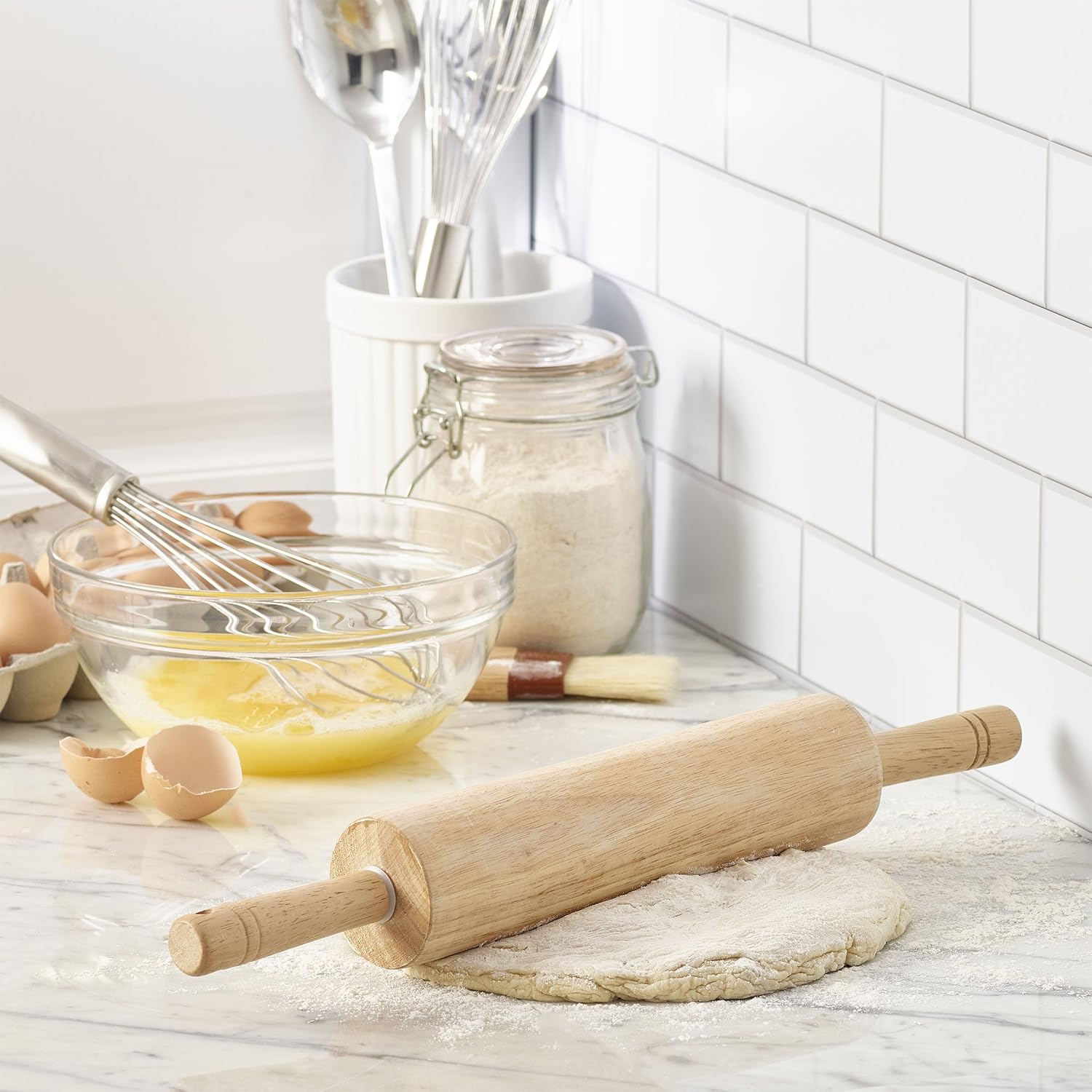 Farberware Classic Wood Rolling Pin, 18-Inch Hardwood Dough Roller For Baking Pizza, Pies, Pastry And Cookies, Ergonomic Handles, Kitchen Essential