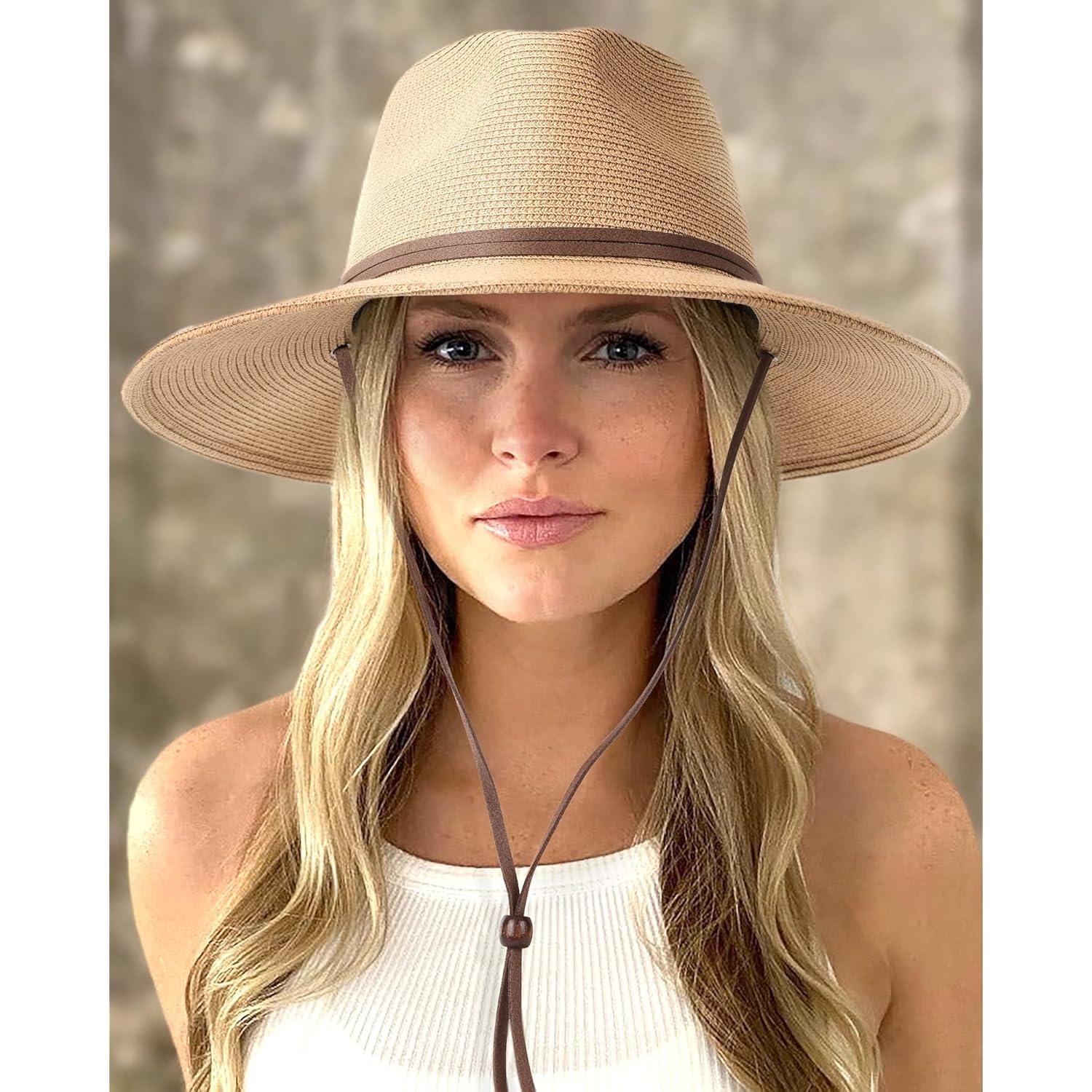 FURTALK Womens Summer Straw Sun Hats Wide Brim Panama Fedora Beach Hat with Wind Lanyard UPF 80+