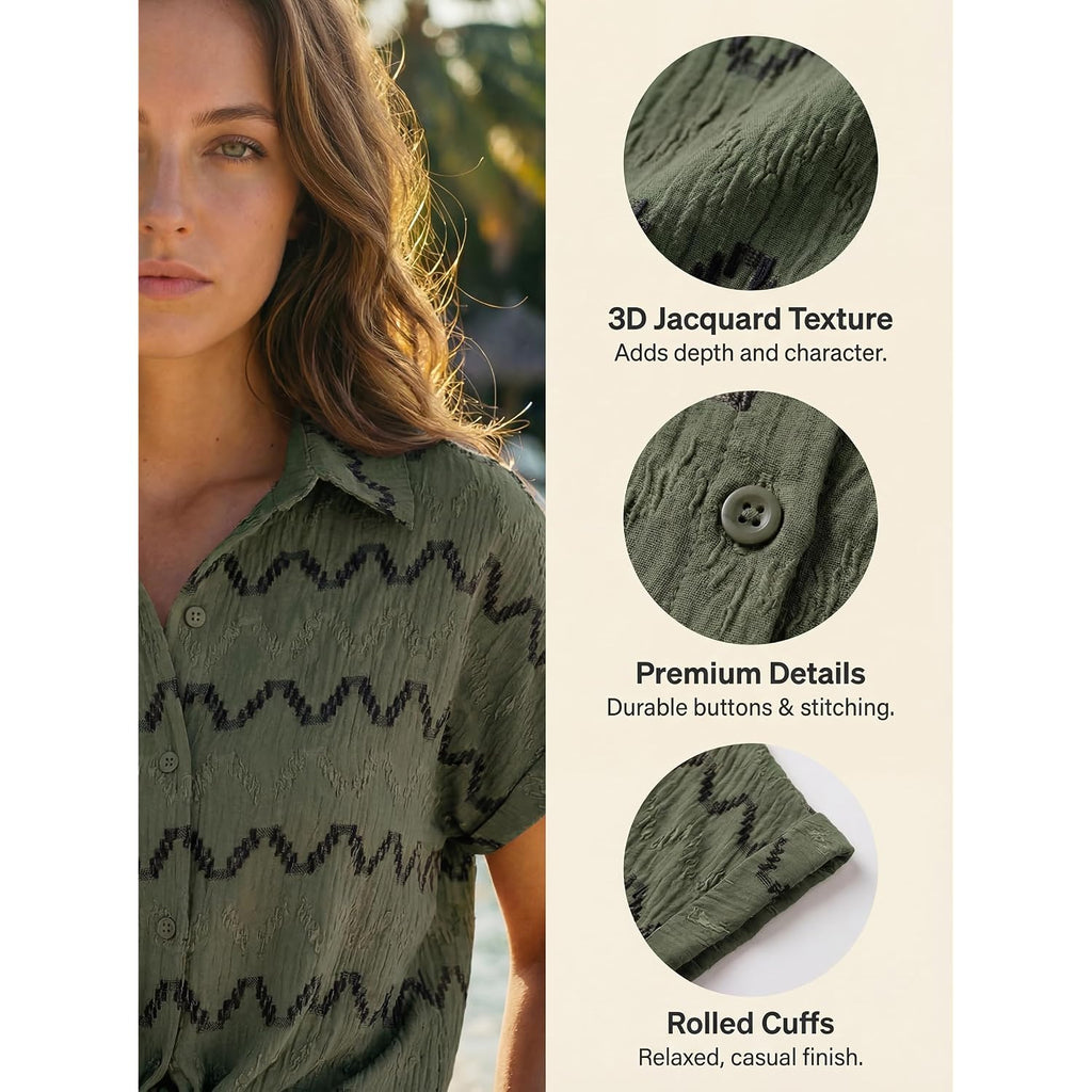 Blooming Jelly Women Casual Summer Button Down Blouse Textured Chevron Print Flowy Elegant Short Sleeve Shirt With Embroidery