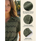 Blooming Jelly Women Casual Summer Button Down Blouse Textured Chevron Print Flowy Elegant Short Sleeve Shirt With Embroidery
