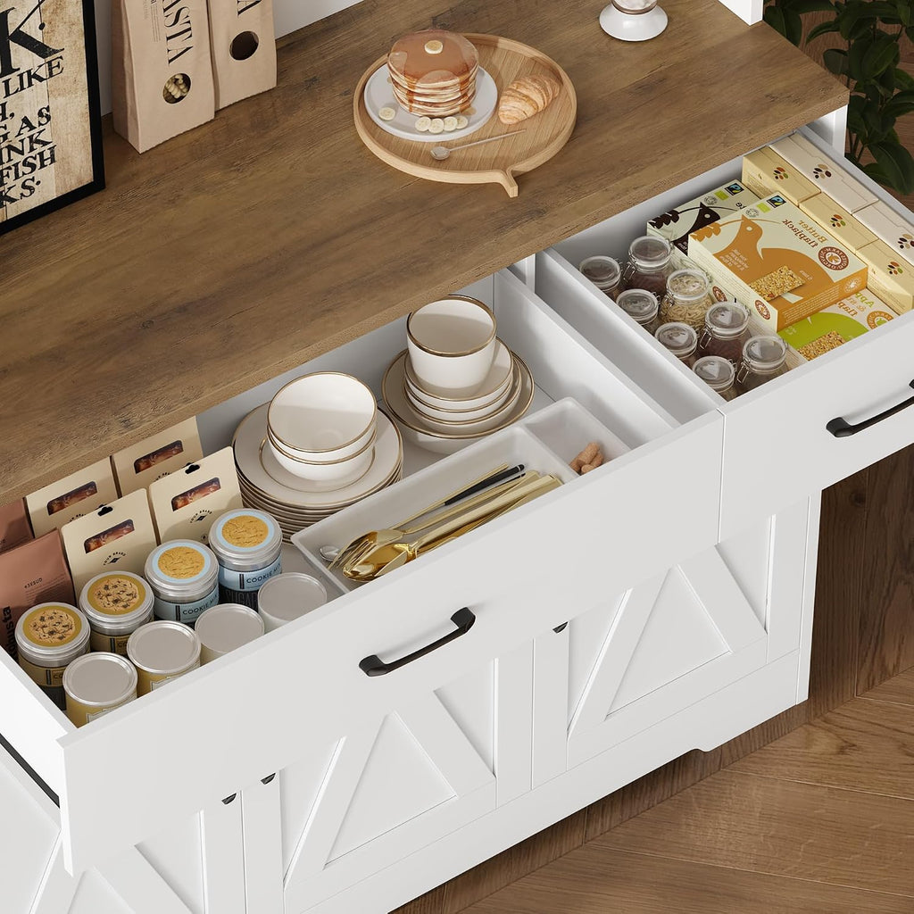 Hostack 71"H Kitchen Pantry Storage Cabinet, Farmhouse Hutch Cabinet, White | Space-Saving Pantry Cabinet With Charging Station & 2 Large Drawers & Adjustable Shelves, Tall Kitchen Hutch For Dining Room