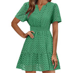 Rumia Womens Dresses 2026 Summer V Neck Eyelet Lace A Line Short Dress