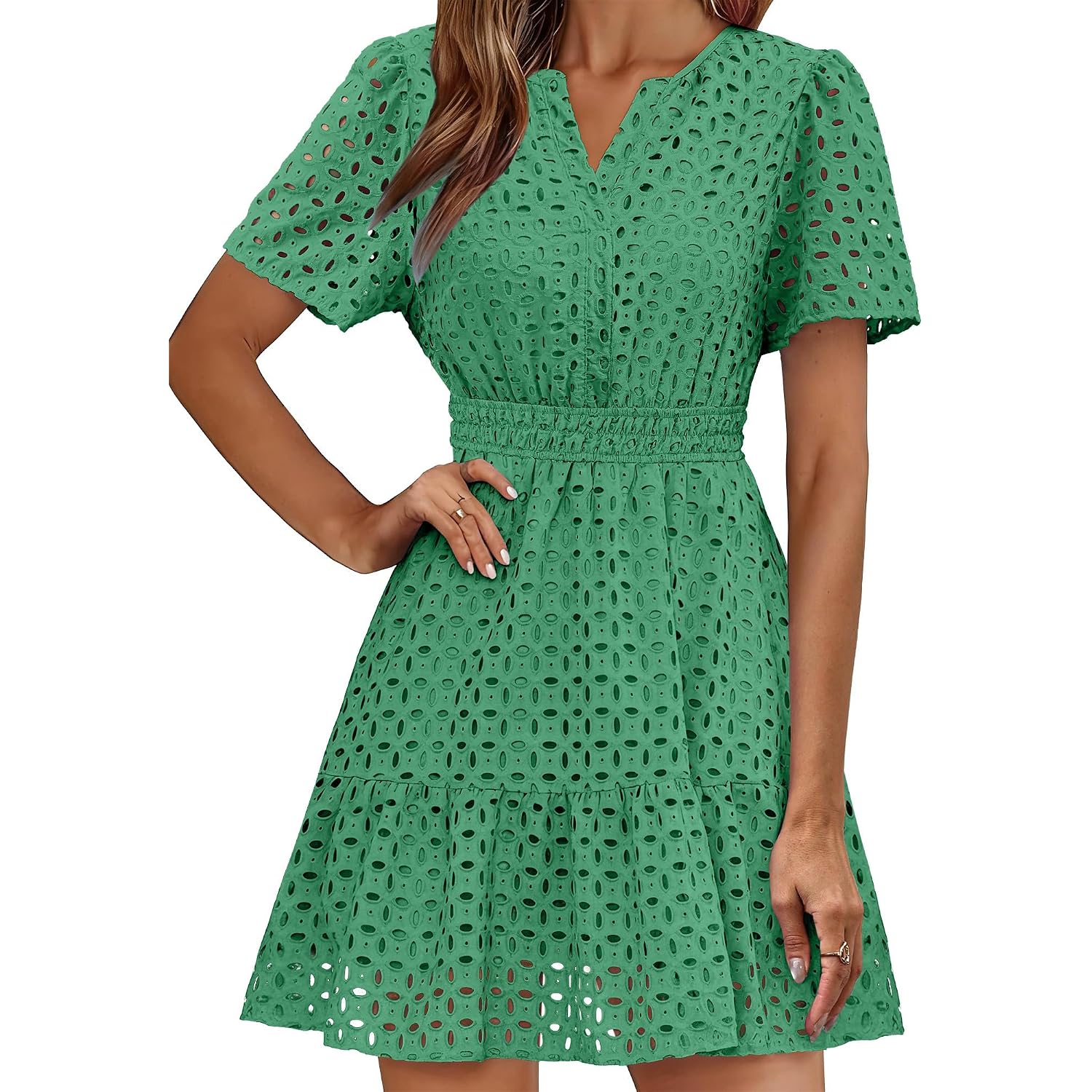 Rumia Womens Dresses 2026 Summer V Neck Eyelet Lace A Line Short Dress