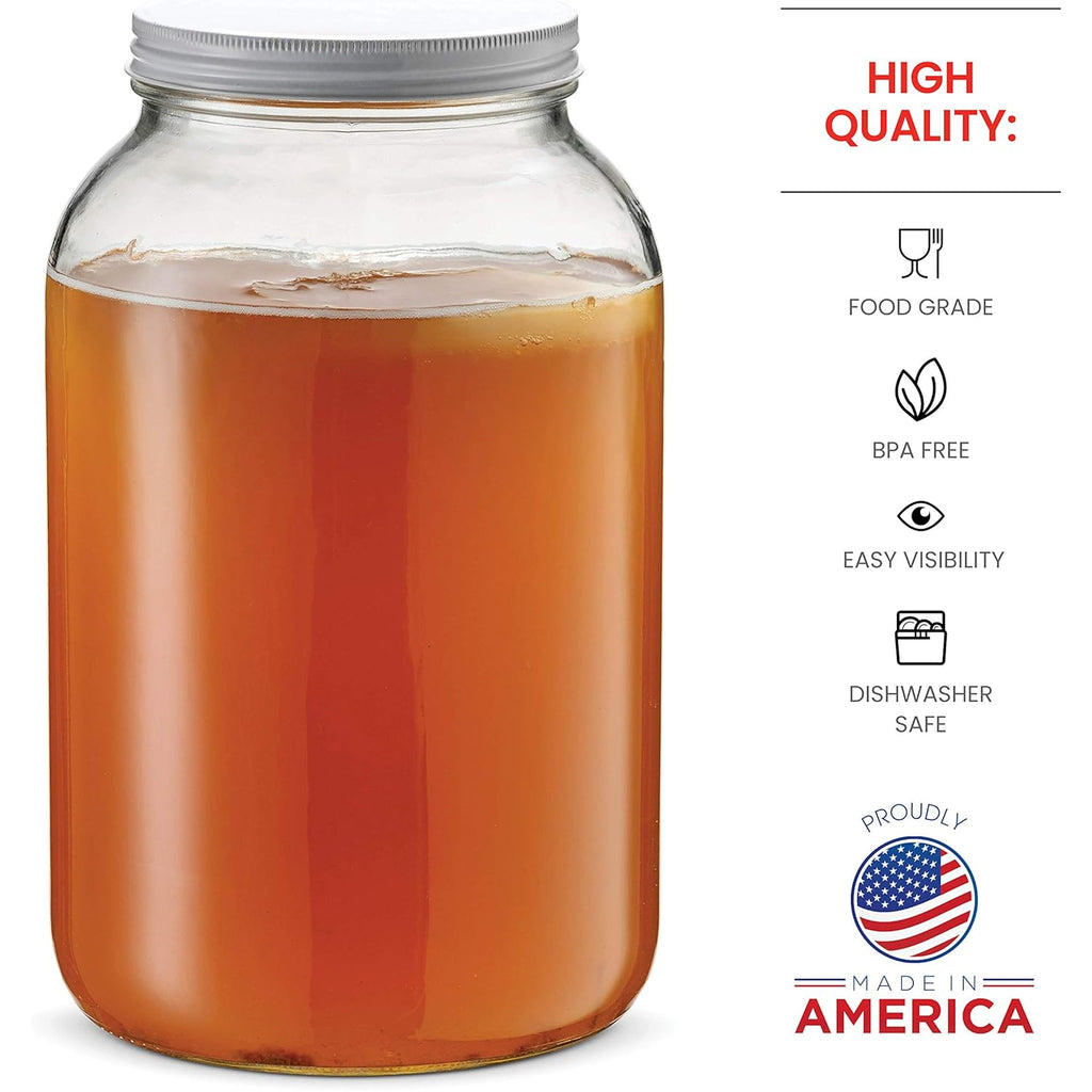 1 Gallon Glass Jar With Lid – 2 Pack Large Glass Jar With Airtight Metal Lids - USDA Approved BPA-Free Dishwasher Safe, Wide Mouth Sun Tea Jar, Gallon Mason Jar for Storage, Fermenting, And Brewing