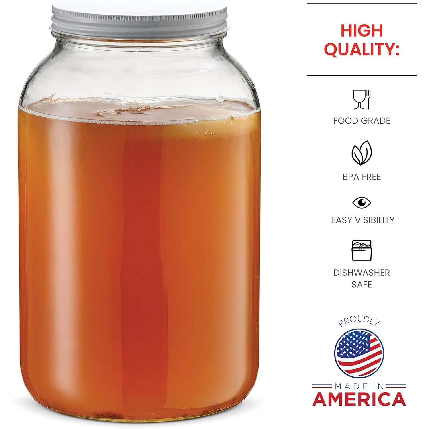 1 Gallon Glass Jar With Lid – 2 Pack Large Glass Jar With Airtight Metal Lids - USDA Approved BPA-Free Dishwasher Safe, Wide Mouth Sun Tea Jar, Gallon Mason Jar for Storage, Fermenting, And Brewing