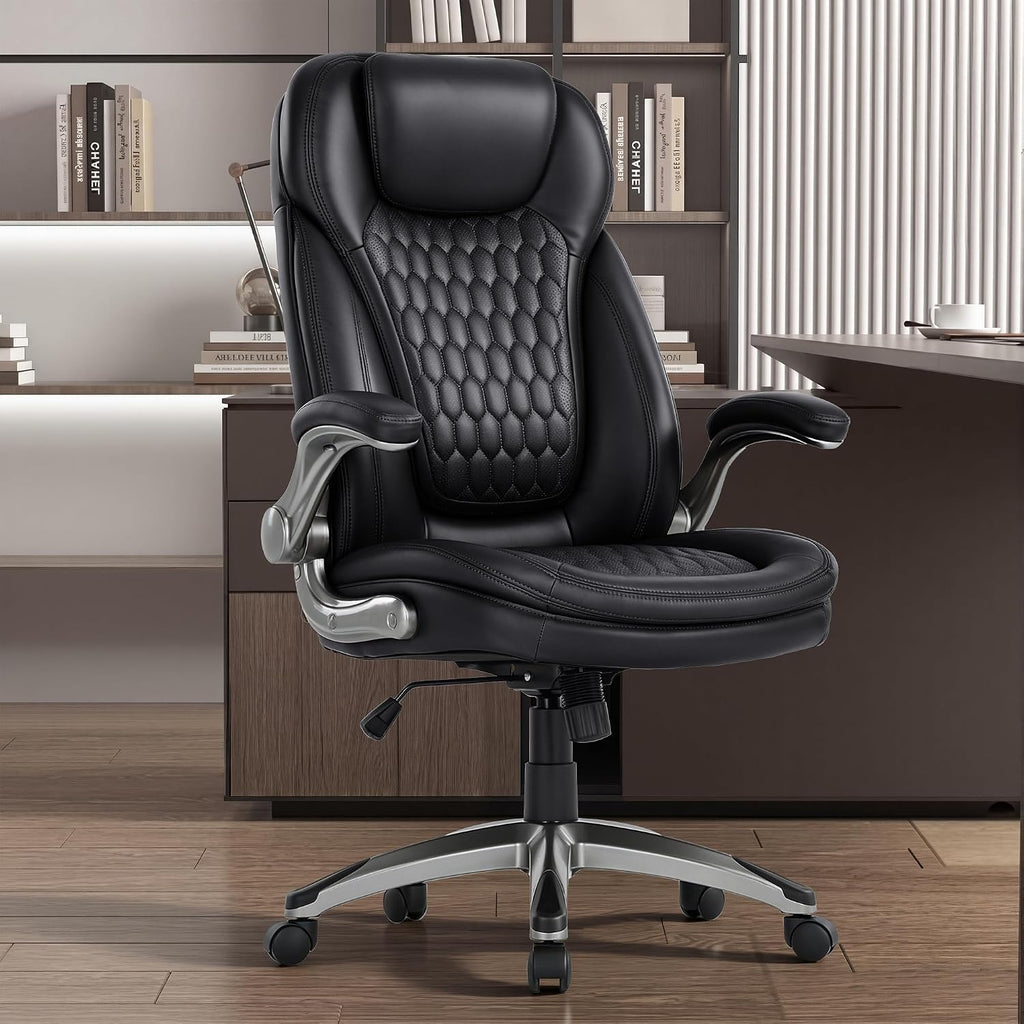 Colamy Executive Office Chair-Ergonomic Computer Desk Chair, High Back Leather Chair With Padded Flip-Up Arms, Swivel Home Office Chair, Black