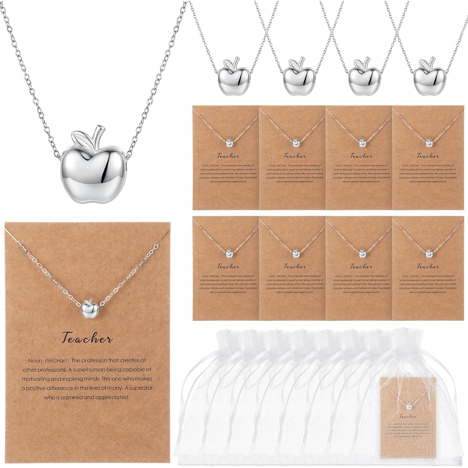 20 Sets Teacher Appreciation Gifts for Women Bulk Silver Apple Necklace Dainty Thank You Gifts Teacher Appreciation Week Graduation Party Favors with Card and Organza Bags(Silver)