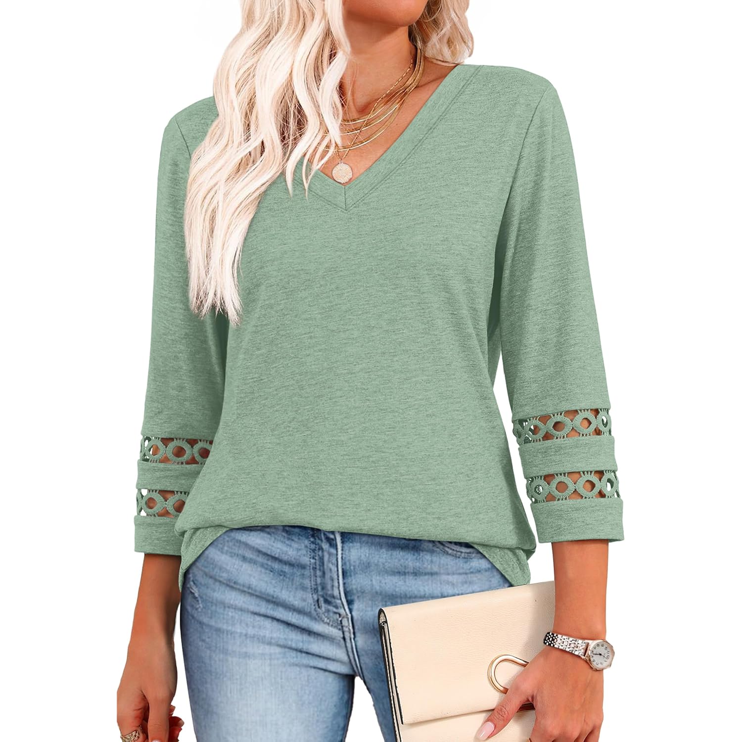 Xieerduo 3/4 Length Sleeve Womens Tops Dressy Casual Blouses For Women 2026 Trendy V Neck T Shirts Summer Clothes