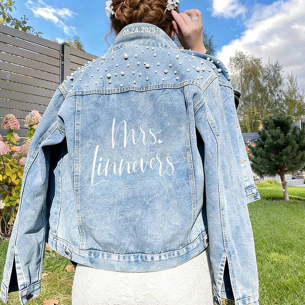Noni Personalized Embroidered Bride Denim Jacket, Future Mrs Jean Jacket With Pearls, Wedding Gifts For Bride