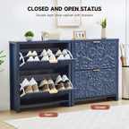 Shoe Cabinet With Flip Drawers, Narrow Shoe Storage Cabinet, 2-Tier Hidden Shoe Organizer With Carved Floral For Entryway, Mid-Century Modern Slim Shoes Storage For Hallway Foyer (1, Midnight Blue)