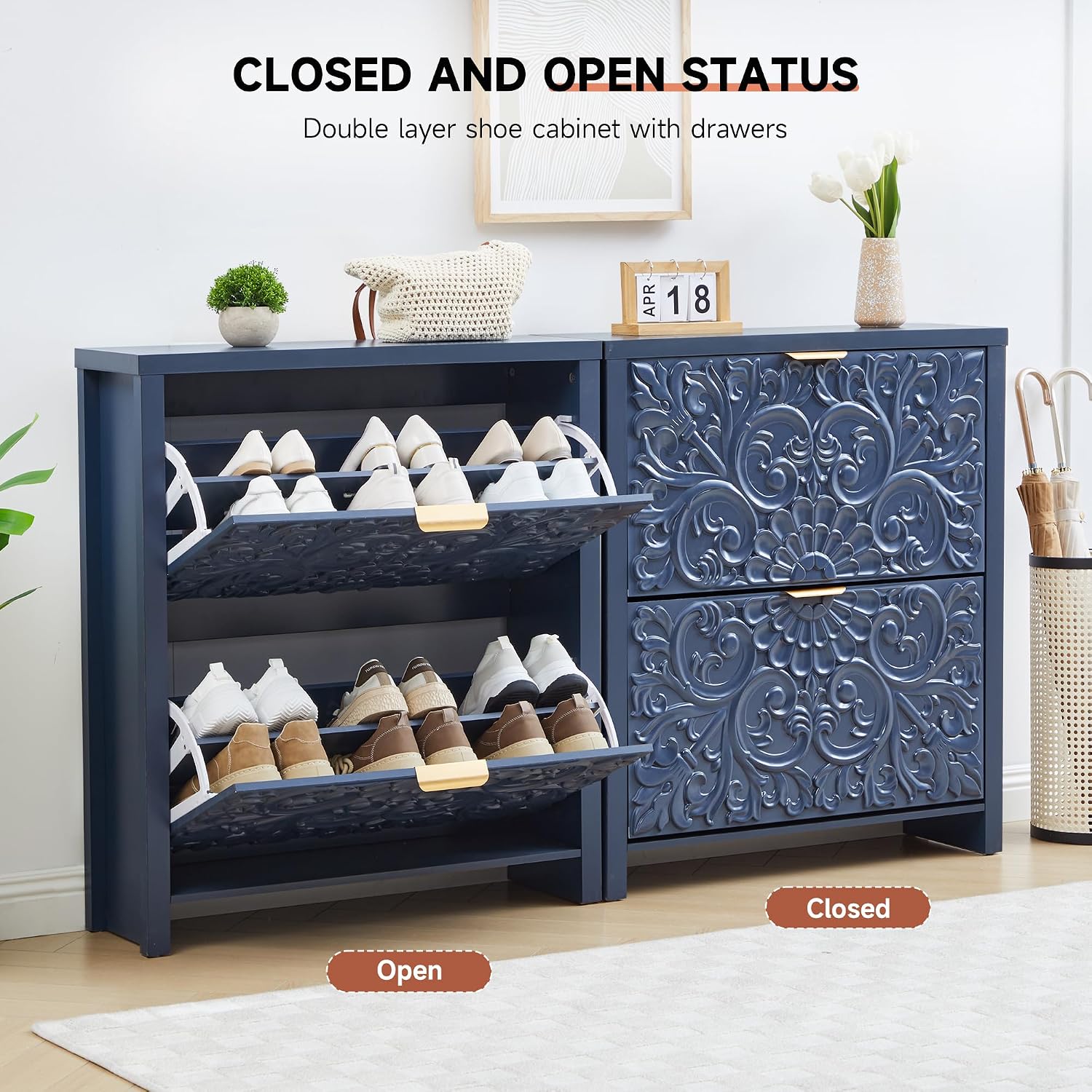 Shoe Cabinet With Flip Drawers, Narrow Shoe Storage Cabinet, 2-Tier Hidden Shoe Organizer With Carved Floral For Entryway, Mid-Century Modern Slim Shoes Storage For Hallway Foyer (1, Midnight Blue)